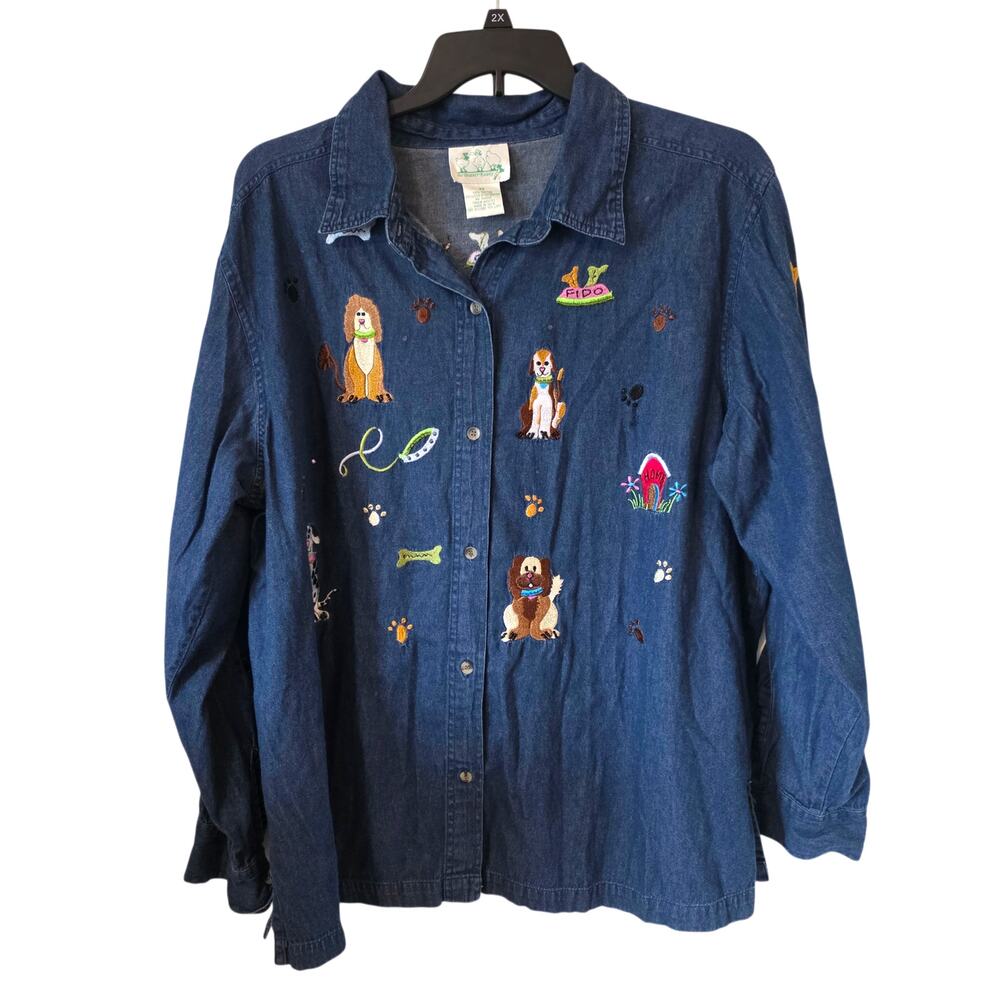Quacker Factory Embroidered Dog Print Button Front Denim Top Plus Size 2X Blue